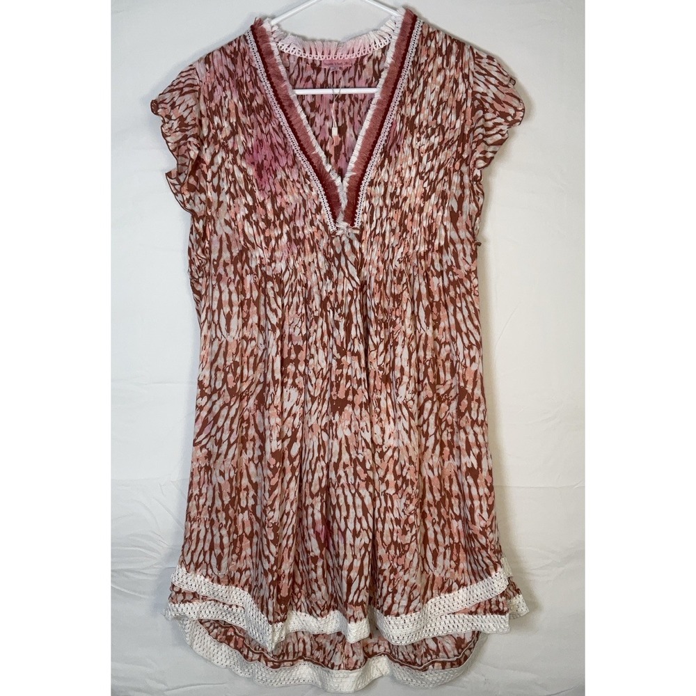 NWOT Women's Poupette St. Barth Sasha Mini Viscose Dress Pink Brown White Small